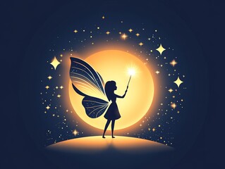 Silhouette of a fairy with magical wings holding a wand against a glowing moon and starry night background.