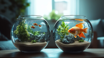 Serene aquariums featuring goldfish and lush aquatic plants, perfect for home decoration and relaxation.