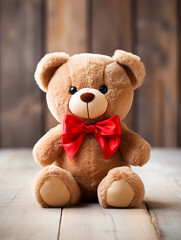 Wall Mural - Cute Teddy Bear with Red Bow on Wooden Surface