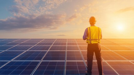 Engineer in safety vest and helmet observing solar panels at sunset representing renewable energy and sustainable technology