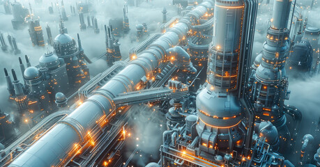 Wall Mural - Futuristic smart factory industry landscape realistic, photorealistic, hyper detailed, advanced, professional. Generative AI.