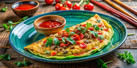 vibrant market stall minced pork omelet fresh herbs green onions crispy edges hot sauce sriracha condiment bottle colorful ceramic plate