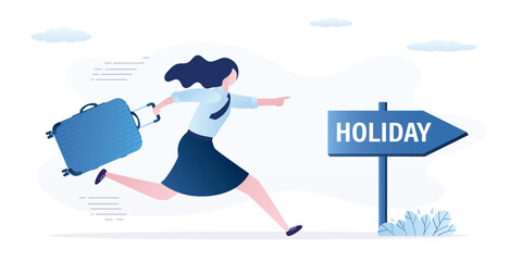 Wall Mural - Holiday, annual leave concept, vacation to rest and relax from hard work. Happy businesswoman running with luggage to enjoy holiday. Break time, annual leave, take day off.