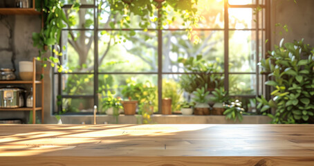 Poster - Minimalist cafe with touches of nature, including live plants and natural materials with copy space. warm, soft light. wooden countertops and stone accents background. Generative AI.