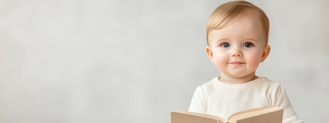 Wall Mural -  A baby gazes at the camera with a surprised expression, holding a book in front of a pristine white backdrop