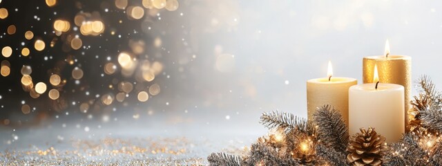 Wall Mural -  Three candles atop a snow-laden pile of pine cones, adjacent to a Christmas tree