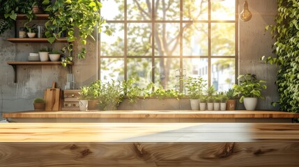 Poster - Minimalist cafe with touches of nature, including live plants and natural materials with copy space. warm, soft light. wooden countertops and stone accents background. Generative AI.