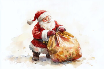 Cute Santa Claus with a bag of presents on white isolated background. Watercolour illustration with copy space. For Christmas and new year greeting card, banner, poster, social media.