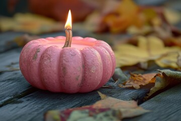 Wall Mural - Pink Pumpkin Candle Lit on a Wooden Surface with Scattered Autumn Leaves
