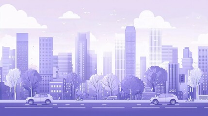 Light purple cityscape background, tall buildings, cars, and trees in the city. Monochrome urban landscape with white clouds in the sky. Modern flat-style architectural vector illustration which is ve