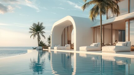 Wall Mural - palm trees and minimalist architecture by the pool, white lounge chair sofa. generative ai.