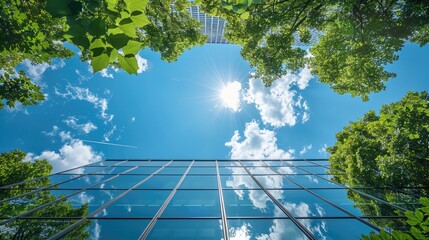 Poster - Green building, glass curtain wall, blue sky and white clouds, green trees, high-rise buildings, low angle perspective, sunlight shining through the leaves onto the ground level. Generative AI.