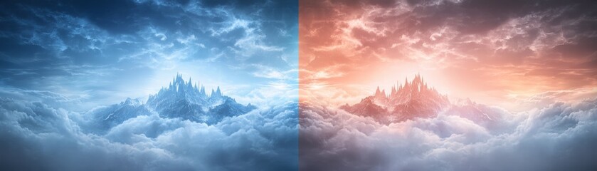 Wall Mural - Stunning contrast between a blue, serene mountain landscape and a warm, radiant sunset sky over a cloud sea.