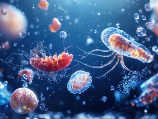 A close-up of plankton interacting within a natural food chain, visualizing the critical role of biomass in marine environments.