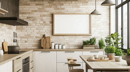 Modern Kitchen with White Cabinets, Brick Wall, and Wooden Table