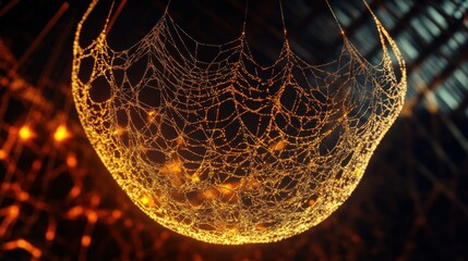 Dew-Covered Spiderweb Illuminated by Warm Lights