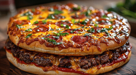 Poster - A hybrid of a pizza and a cheeseburger. Generative AI.