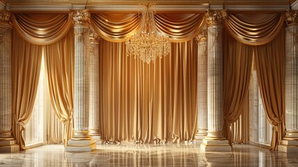 Wall Mural - Elegant golden curtain backdrop with crystal chandelier and marble columns, luxurious mansion entrance hall background for photo studio, product display room setting. Generative AI.