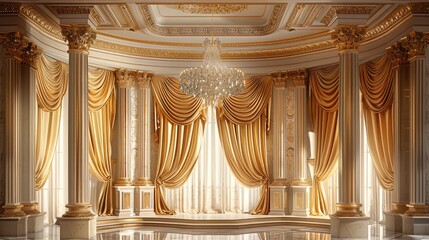 Elegant golden curtain backdrop with crystal chandelier and marble columns, luxurious mansion entrance hall background for photo studio, product display room setting. Generative AI.