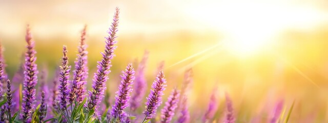  A field filled with purple flowers, the sun shining in their midst