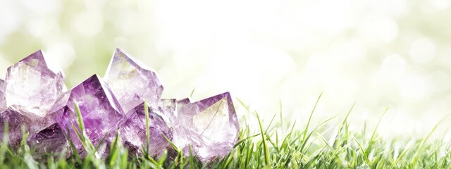 Sticker -  A field of lush green grass hosts a group of purple crystal formations atop it, adjacent to another expanse of tall green grass