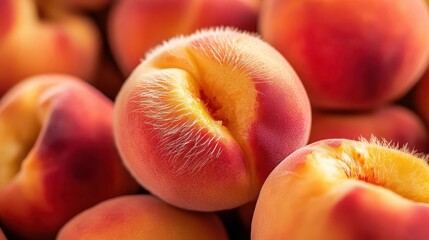 A close-up of a ripe peach with soft peach fuzz, highlighting the texture and natural beauty, peach, fuzz, texture