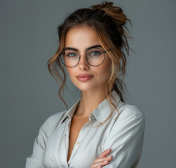 Canvas Print - Businesswoman in glasses, arms crossed, isolated grey studio background. Generative AI.