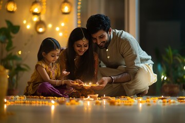 Wall Mural - Family lighting oil lamps together during Diwali festival