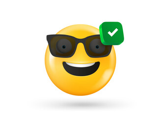 Aufkleber - Smiling face with checkmark icon. 3d vector object isolated on white background