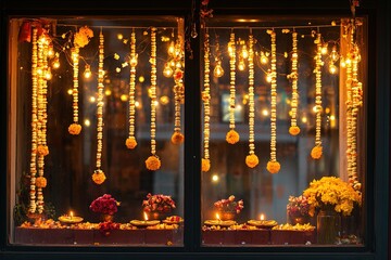 Illuminated Diwali decorations in warm lights and flowers on win