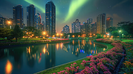 Poster - The colorful aurora over the modern buildings of the city skyline could be seen at night. Figured with bright lights in a park, The sky above them shined brightly with green light. Generative AI.