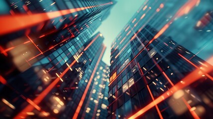 Futuristic vibrancy: abstract architectural scene with geometric shapes and angles, captured at dusk with a macro lens, emitting a mysterious aura of dynamic city lights