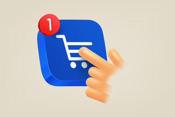 Poster - Hand pressing button on shopping cart. 3d vector illustration