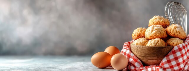  A wooden bowl overflowing with muffins sits beside an egg and a whisk on a checkered cloth