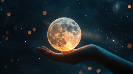 Young woman hand holding super moon in night sky with Northern lights or Aurora borealis in the sky,galaxy and starry night,pray,fantasy, full moon on Thanksgiving Day,Romantic night scene.