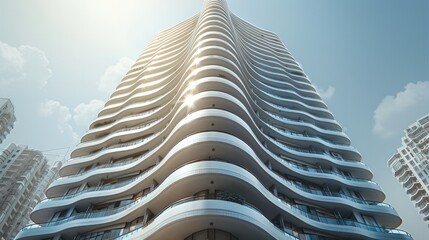 Poster - a 40-story high-rise residential apartment building in a dense urban area. The building facade is characterized by wave-like balconies that extend. Generative AI.