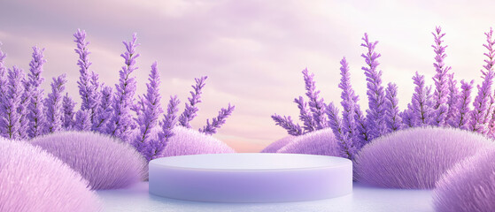 A serene purple landscape with soft lavender plants surrounding a minimalist podium, perfect for showcasing products or artwork.