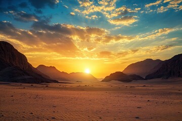 Wall Mural - Epic sunset landscape sky with big bright sun going behind the mountains in Egypt , ai