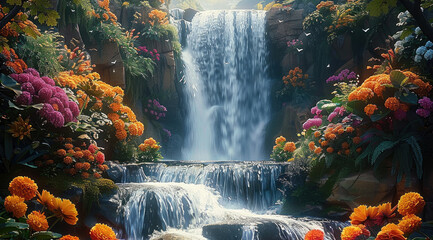 Wall Mural - A cascading waterfall, with colorful flowers and lush greenery framing the scene, evoking a sense of peace and tranquility. Generative AI.