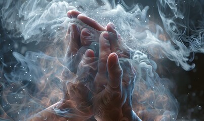 Praying hands with faith in religion and belief in God on blessing background. Power of hope or love and devotion. Magic powder floating on the magician hand. 