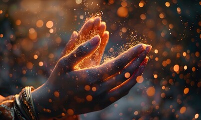 Praying hands with faith in religion and belief in God on blessing background. Power of hope or love and devotion. Magic powder floating on the magician hand. 