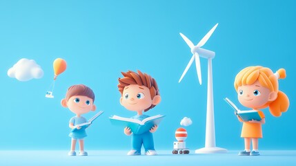 Three children reading books near a wind turbine and playful elements in a bright environment.