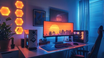 Poster - Gaming room, computer on the table, colorful beehive lights on the wall. Generative AI.