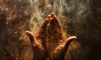 Praying hands with faith in religion and belief in God on blessing background. Power of hope or love and devotion. Magic powder floating on the magician hand. 