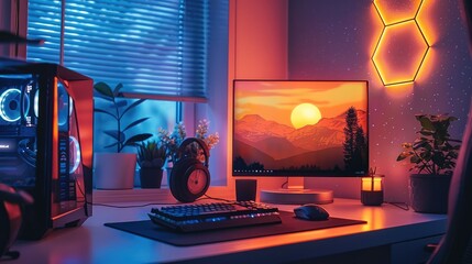 Poster - Gaming room, computer on the table, colorful beehive lights on the wall. Generative AI.