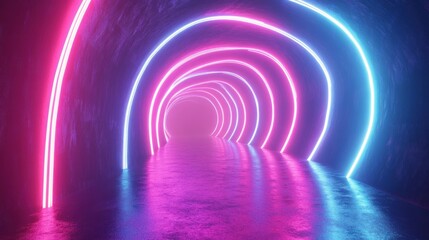 Wall Mural - Abstract Neon Tunnel with Pink and Blue Glowing Lines