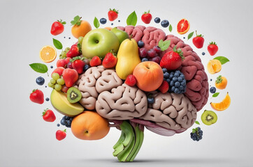 human brain made out of fruit and vegetables, concept of healthy lifestyle