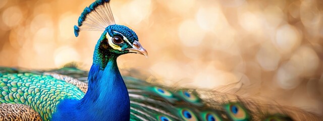  A tight shot of a peacock with spread-out plumage and its head tilted to the side