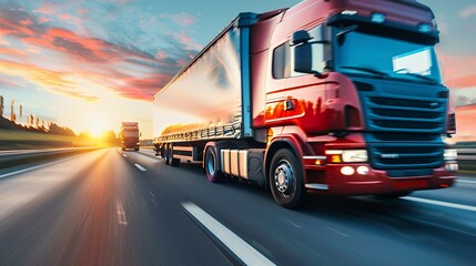 Poster - A red truck driving on a highway during sunset, showcasing transport and travel.