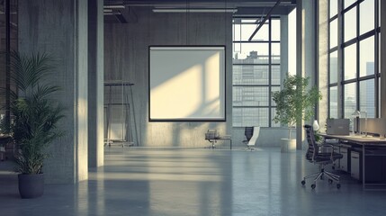 Wall Mural - Modern Office Interior with Large Windows and Blank Canvas